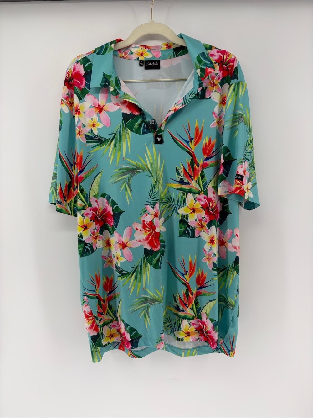 Bad Birdie Tropical Floral Polo Shirt in Teal XL